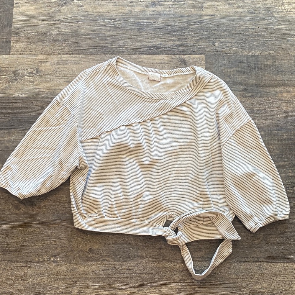 Anthropologie Cream Striped Tie-Front Sweatshirt